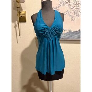 Heart Soul Teal Blue Halter Top Woven Lattice Bust Empire Waist Size Small